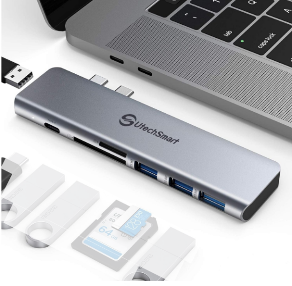 USB C Hub, USB C Adapter Multiport 7 in 2 MacBook Adapter Aluminium Thunderbolt 3 Typ C Hub, 3 USB 3.0&USB 2.0 Anschlüsse, TF SD Kartenleser, PD kompatibel mit MacBook Pro Air 13 15 2018 2019 20202