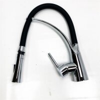 HUCKLE kitchen tap with 2-stage pull-out spray, 360° swiveling kitchen mixer with black silicone hose, single lever mixer for cold and hot water, chrome-plated brass.