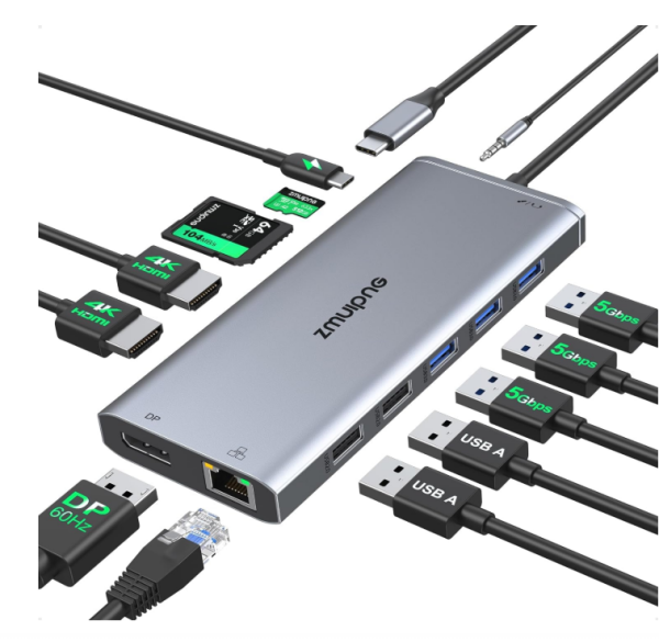 USB C Docking Station Dual Monitor Triple Display, USB C Hub Multiport Adapter, 12 in 1 Dockingstation mit 2 HDMI,VGA,Ethernet,4 USB,PD,SD/TF Kartenleser,Audio, Thunderblot 3/4 Dock für Dell,HP,Lenovo