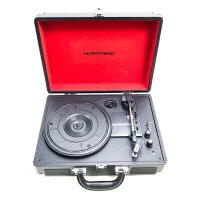 Musitrend turntable with handle, 33/45/78 RPM plate player case design with 2 integrated stereo speakers, headphone connection, vinyl-to-mp3 recording, aux-in/cinch, black