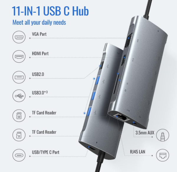 GIISSMO USB-C Hub Docking Station 11 in 1 with 4K HDMI, VGA, USB-C 100W PD, 4 USB-A, RJ45 Gigabit Ethernet, SD/TF Card Reader, 3.5mm Audio Port for MacBook Pro/ Air and HP Dell Lenovo Huawei laptops