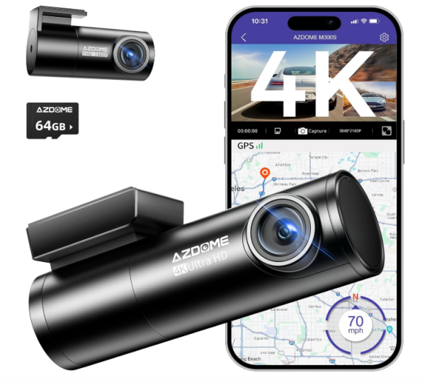 AZDOME Dashcam mit Rückfahrkamera[4K, 170°Vorne+1080P, 150°Hinten] WiFi, GPS, Englische Sprachsteuerung, Super Nachtsicht, WDR, Loop-Aufnahme, G-Sensor, Parküberwachung, 64G Micro SD-Karte (M300S)