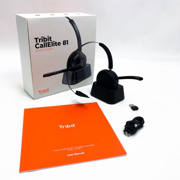 Tribit Bluetooth-Headset mit Mikrofon& USB Dongle-Kabellos Headset mit Ladestation, PC Office Headset, AI Noise Canceling, Langer Akkulaufzeit,Computer Headset für Laptop/Büro/Zoom/Callcenter