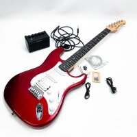 Donner e-guitar set 39 inches with amplifiers, bags, capo, belt, strings, tuners, cables and spikes (red)
