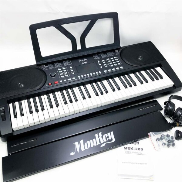 Moukey 61-button keyboard piano kit, digital piano with piano-keyboard stand, note stand, piano note sticker, headphones, beginners learning mode, MEK-200