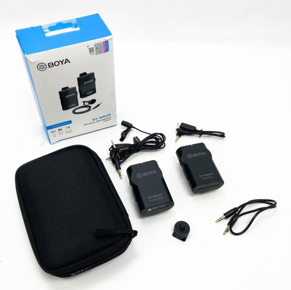 Boya BY-WM2G wireless lavalier microphone system compatible with smartphone DSLR camera tablet