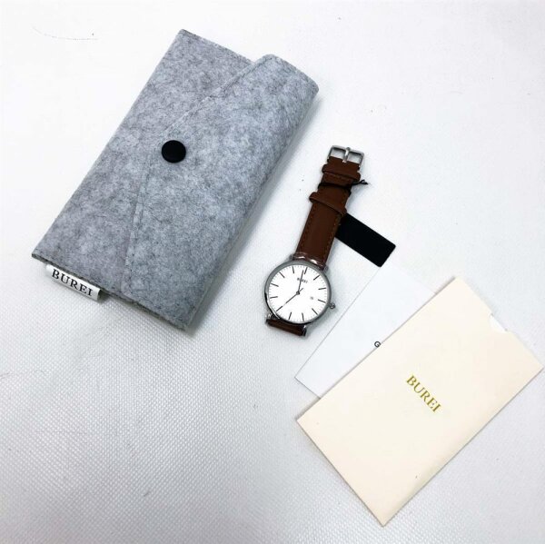BUREI mens watches ultra thin black minimalist quartz with date display, color: white-brown, silver