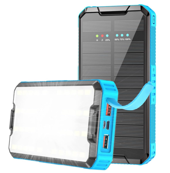 PD 20W solar power bank 30000mAh quick charger solar charger cell phone, wireless power bank 10W with USB/Type C output, LED camping light, IP67 waterproof, suitable for cell phones, tablets, outdoor