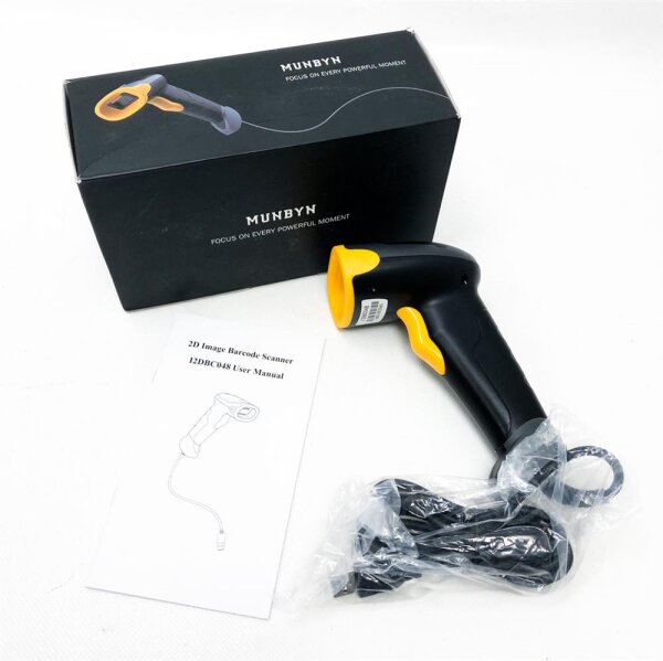Barcode Scanner MUNBYN USB Barcode Reader 2D Hand Scanner Barcode Scanner Play & Plug Handheld Reader Wired for Windows PC, Linux, Supports EAN, UPC, Code 128, Code 2 of 5 etc.