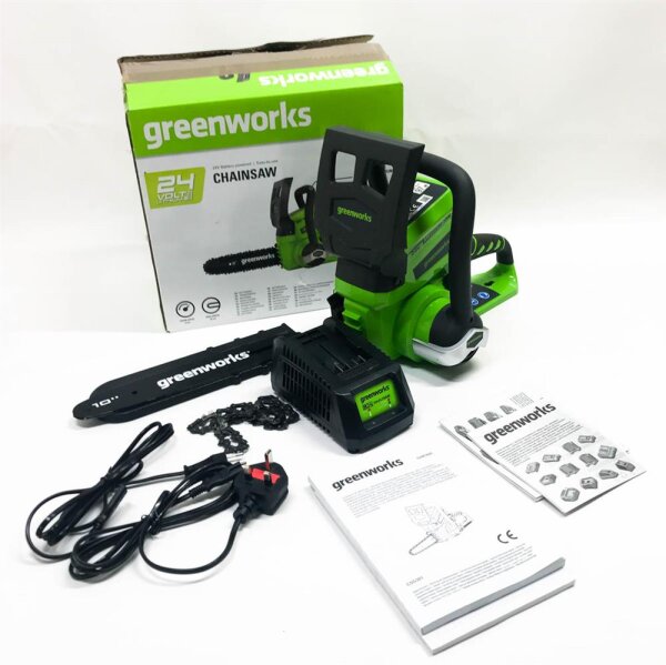 Greenworks tools 24V 25cm chainsaw with 2Ah battery and charger (chain speed 4m/s, chain length 25cm, 2Ah battery and charger)