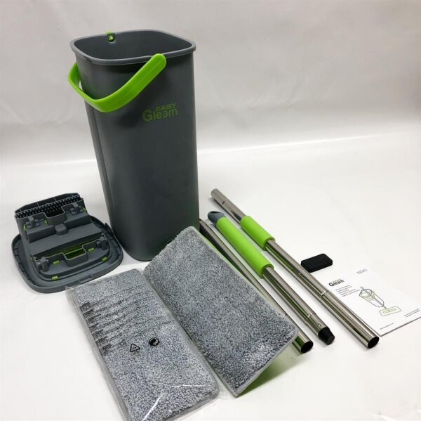 EasyGleam Wischmopp und Putzeimer Set - Flacher Bodenwischer mit Edelstahlgriff - Innovatives Zwei-Kammer Putzset für Nass- Trockennutzung - Zwei Wiederverwendbare Pads Enthalten - für Alle Bodentypen