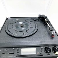 Bluetooth turntable with stereo speaker, LP vinyl to MP3 converter, 3 speed record player with CD play, radio reception and remote control function, with a small crack in the lid