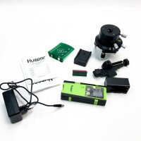 Hueppar Electronic self-level 3D cross line laser and recipient with a green beam 3 x 360 self-leveling with dual inclination function, adjustable metal base DT03G