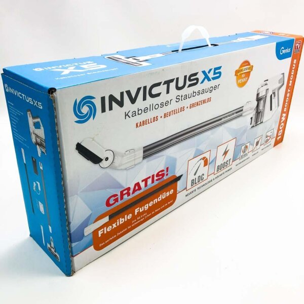 Genius Invictus X5 Akku-Staubsauger, kabelloser 2-in-1-Staubsauger mit 180 Watt Saugleistung und integrierten LED-Spotlights, Lithium-Ionen-Akku (30 Minuten), Silber