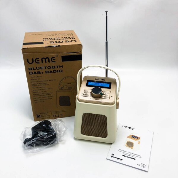 UEME Mini DAB+ DAB Digitalradio und UKW Radio mit Bluetooth Lautsprecher, Radiowecker, und Leder Verkleiden (Creme)