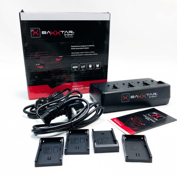 Baxxtar Pro-4 channel charger (2a per shaft)-compatible with all batteries of the Sony NP-F series NP-F550 NP-F750 NP-F970 NP-F990 NP-FM500H etc.