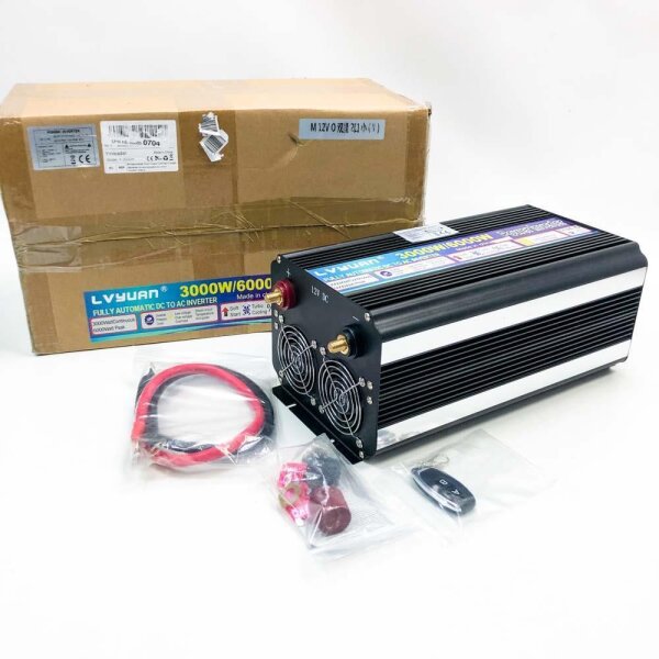 Yinleader Spannungswandler 3000W/6000W 12V 230V modifizierter Sinus Wechselrichter Power Inverter mit 2 Steckdose 1 USB und LED-Display, für Auto, Boot, Camping (drahtlose Fernbedienung)