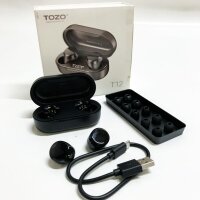 TOZO T12 Drahtlose Bluetooth Kopfhörer mit Touch-Steuerung und kabellos Ladekoffer Digital LED-Display IPX8 wasserdichte Ohrhörer Eingebautes Mikrofon-Headset Deep Bass für Sport Schwarz