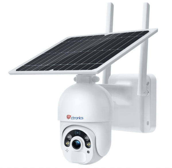 ctronics Überwachungskamera Aussen Akku, 100% Kabellos PTZ Digitaler Zoom Kamera mit Solarpanel, WLAN IP Kamera Outdoor, PIR und Radar Erkennung, Farb-Nachtsicht, 2-Wege-Audio, SD-Kartenslot