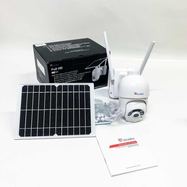 ctronics Überwachungskamera Aussen Akku, 100% Kabellos PTZ Digitaler Zoom Kamera mit Solarpanel, WLAN IP Kamera Outdoor, PIR und Radar Erkennung, Farb-Nachtsicht, 2-Wege-Audio, SD-Kartenslot