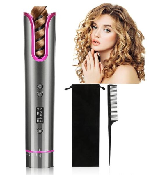 Curling Iron Automatic Hair Curler 4 Temperature Settings Cordless Portable Rechargeable with LCD Temperature Display and Timer