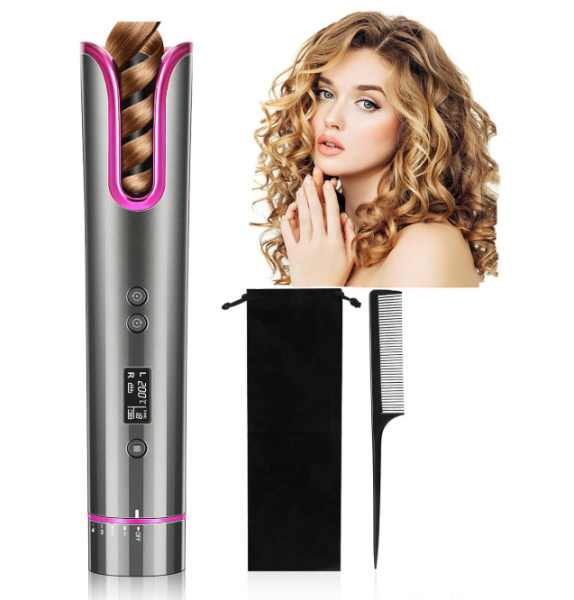 Lockenstab Automatischer Hair Curler, Schnurloser Lockenstab Tragbar,Wiederaufladbarer Intelligenter Lockenstab mit LCD-Temperaturanzeige Und Timer,USB-Lockenwickler mit 4 Einstellbare Temperatur