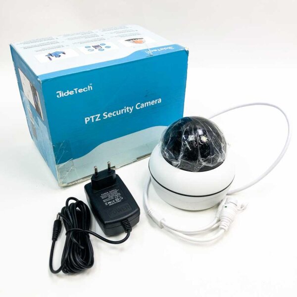 JideTech POE Überwachungskamera aussen,5MP PTZ Dome IP Auto Tracking Kamera mit 5X Optischer Zoom,2 Wege Audio,IP66 wasserdicht, Nur die Kamera und Stromkabel, ohne Extras.