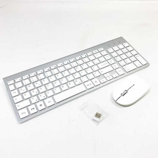 Ibera Tastatur Und Maus Set Kabellos,Ergonomische Ultraslim Tastatur und Maus QWERTZ 2.4G USB Wireless Kabellose Tastatur für Windows Mac, Computer,PC, Laptop, Smart TV- Silber