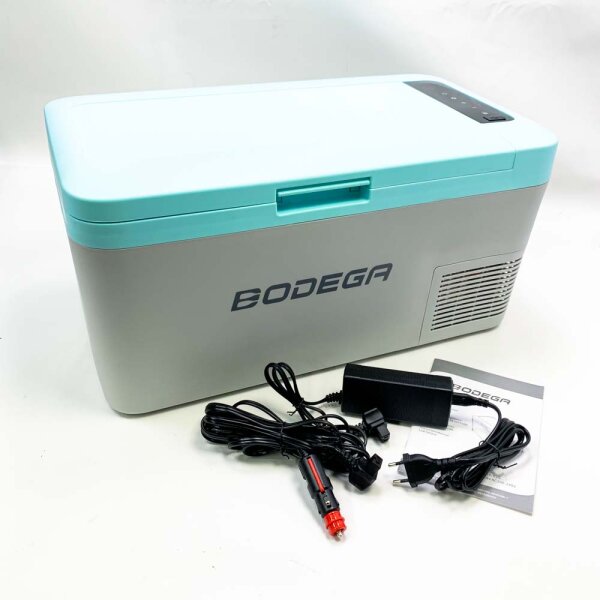 Bodega compressor cool box car refrigerator, 18 liters, 12/24 V for car, truck or camping bus, mini refrigerator with app control, LED touch control, car battery protection (blue)