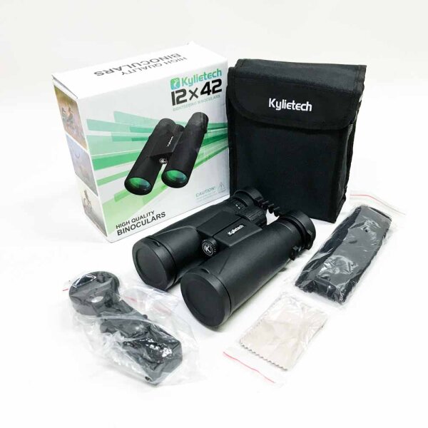 Kylietech binoculars 12x42 HD compact binoculars waterproof for bird watching, hiking, hunting, sightseeing, FMC-Linse Feldstecher including a carrying bag, wearing strap and smartphone adapter