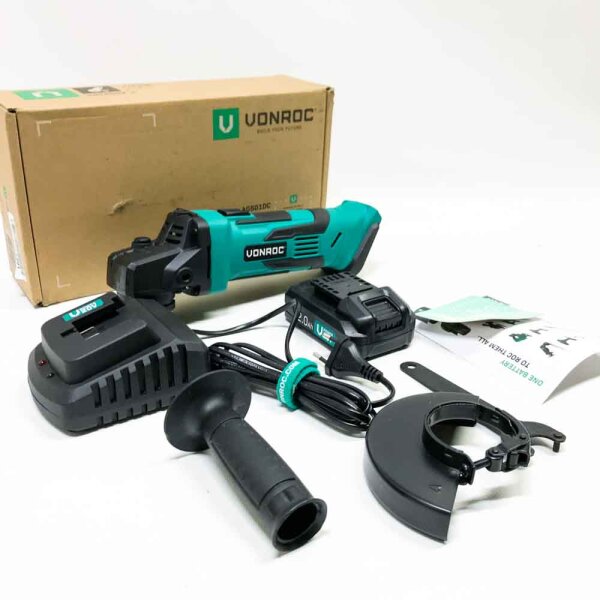 VONROC battery angle grinder VPOWER 20V, 2.0AH - 115mm - complete set with battery, quick charger, side handle and storage bag, without saw blades