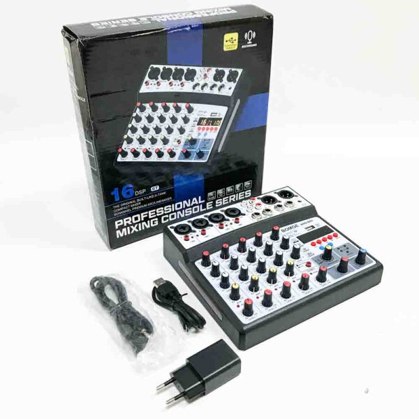 BOMGE 6-Kanal-DJ-Audio-Mixer mit MP3-USB-Bluetooth, 48 V Phantomspeisung, 16 DSP-Echo-Effekte Mixer für Live, Musik, Karaoke, Podcast (schwarz)