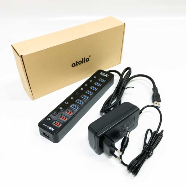 Atolla USB-Hub 3.0 / Mehrfachsteckdose mit 11 Ports, USB 7 Ports, Datenübertragung 5 Gb/s + 4 Ports, intelligentes Laden mit Schalter und LEDs für einzelne Stromversorgung und Adapter 12 V / 4 A, leichte Kratzer