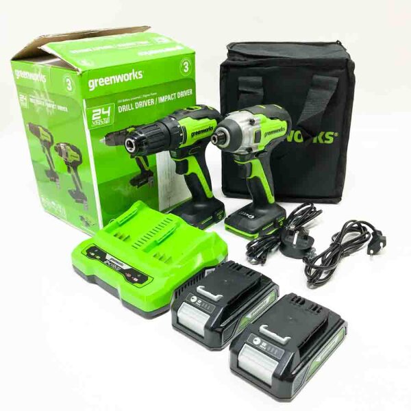 GreenWorks GD24DD35K2 Bohr screwdriver and GD24ID200 impact wrench plus 2 x 24V 2Ah batteries and charger