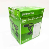 GreenWorks GD24DD35K2 Bohr screwdriver and GD24ID200 impact wrench plus 2 x 24V 2Ah batteries and charger