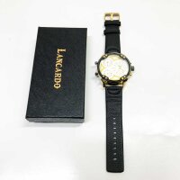 Lancardo mens quartz wristwatch, leather bracelet, 3 time zones, white waterproof digital dial