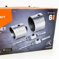 Hammerschmitt drilling crown set 6-part- Ø 68 + 82 mm- 50 mm cutting depth- SDS-Plus & six-cant adapter- 2 centering drill / hole drill for masonry & lime sandstone / hollow drilling crowns