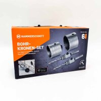 Hammerschmitt drilling crown set 6-part- Ø 68 + 82 mm- 50 mm cutting depth- SDS-Plus & six-cant adapter- 2 centering drill / hole drill for masonry & lime sandstone / hollow drilling crowns
