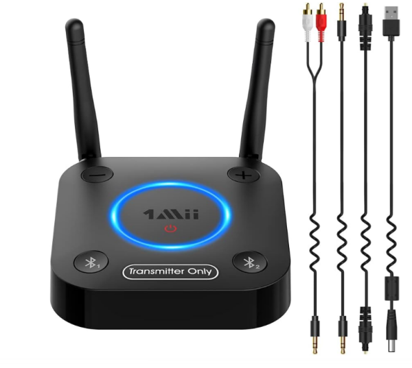 1mii Bluetooth Transmitter TV, Long Range Bluetooth Audio Transmitter with Dual Antenna, aptX Low Latency & HD, AUX/RCA/Optical/Coaxial Audio Inputs