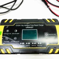 URAQT Autobatterie-Ladegerät, 8 A, 12 V/24 V, automatische und intelligente Wartung, mehrere LCD-Schutzfunktionen und Touchscreen-Taste für Autos, Motorräder, Geländefahrzeuge, Wohnmobile, Powersports, Boote