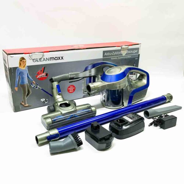 CLEANmaxx Akku-Zyklon-Staubsauger beutellos mit Akku | 2-in-1 Handstaubsauger, elektrisch rotierende Power-Rotation Düse | Energiesparen, 150 Watt [Blau/Grau]