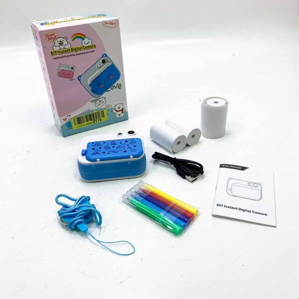 DIY instant digital camera for children in blue, camera for children with colored pencils to paint the pictures