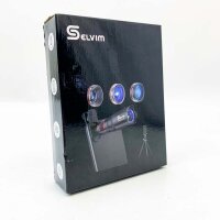 SELVIM smartphone lens kit, updated version with Blu-ray lens for better resolution, 25x macro lens, 0.62x wide-angle lens, 235 fisheye lens, 22x telephoto lens, universal compatibility.