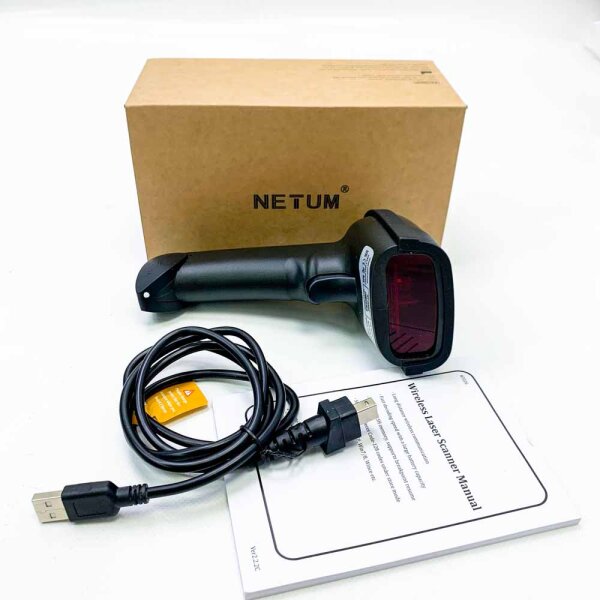 NETUM 1D Wireless Barcode Scanner, USB Laser Barcodescanner 100m Reichweite Wireless Handscanner mit 1800 mAh Akku Kabellos Handscanner Handheld Lesegerät, Plug and Play NT-1698W