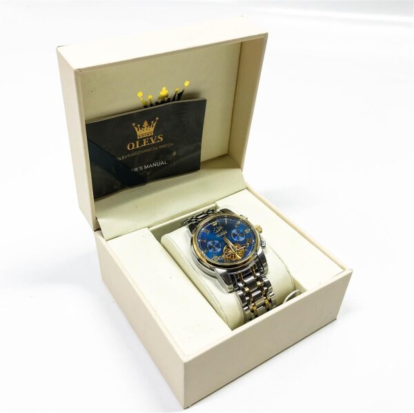 OLEVS Herrenuhren Automatik Skelett Mechanische Luxus Kleid Armbanduhr mit Mondphase Tag Datum Wasserdicht Leuchtende Zweifarbige Uhr (gold)