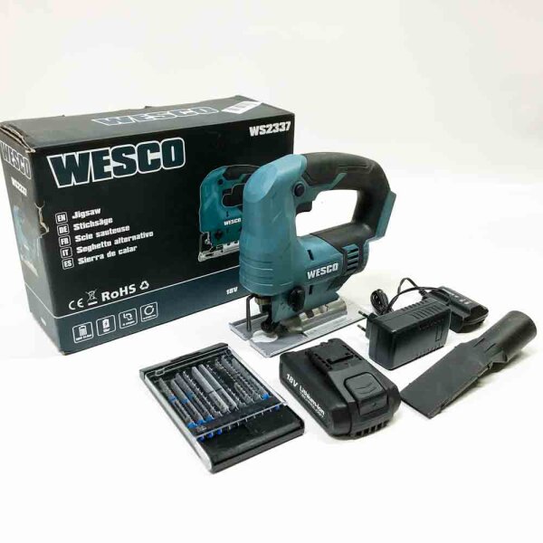 WESCO battery jigsaw, 18V 2.0Ah jigsaw with 2.0Ah battery and charger, 4-step pendulating, slanted cut ± 45 °, 19 mm saw blade stroke, maximum cut 65 mm, 10 leaves, toolless saw blade change