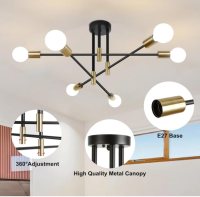 KMaipem Sputnik Vintage Schlafzimmer-Kronleuchter, 6 verstellbare Lichter, schwarz-goldene moderne industrielle Messing-Deckenleuchte für Esszimmer, klassische Küchen