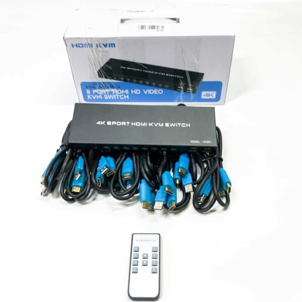 HDMI KVM Switch 8 Port 4K@30Hz, HDMI Umschalter KVM mit IR-Fernbedienung und 8 Pcs KVM Cables, Unterstützt USB2.0-Gerät Tastatur Maus Festplatten und Drucker