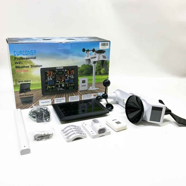 Weather station, curconsa WiFi weather station Funk with 7 in 1 outer sensor, rain knife, weather forecast, WiFi + weather surface + weather cloud + outside temperature and moisture sensor (8 channels)