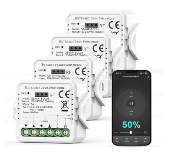 4x Etersky roller shutter control, QS-wifi-ECC02, compatible with Alexa and Google Home